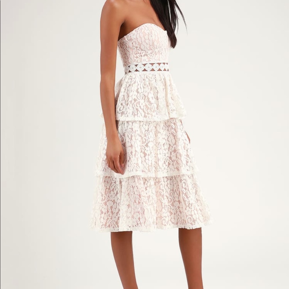 Mid length, lace, white dress